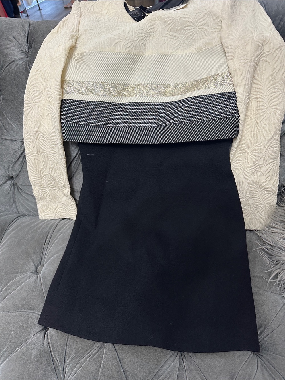 Colorblock Knit Pencil Dress in Black and Cream - Picture 6 of 7